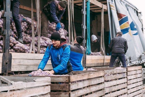 Volunteers unload bags of donated potatoes for families in need in Ukraine